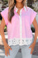 Pink Hollow-out Floral Contrast Patchwork Short Sleeve Button Up Shirt