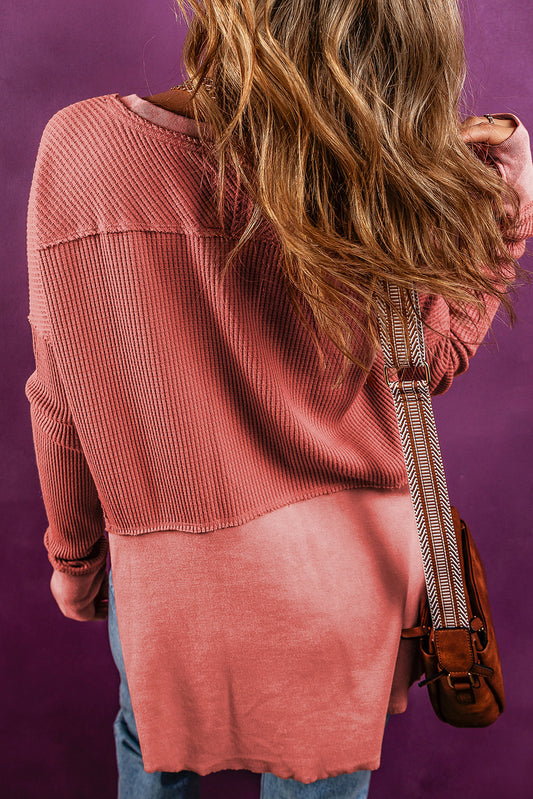 Mineral Red Exposed Seam Slit Neck Waffle Knit Patchwork Top - Final Sale