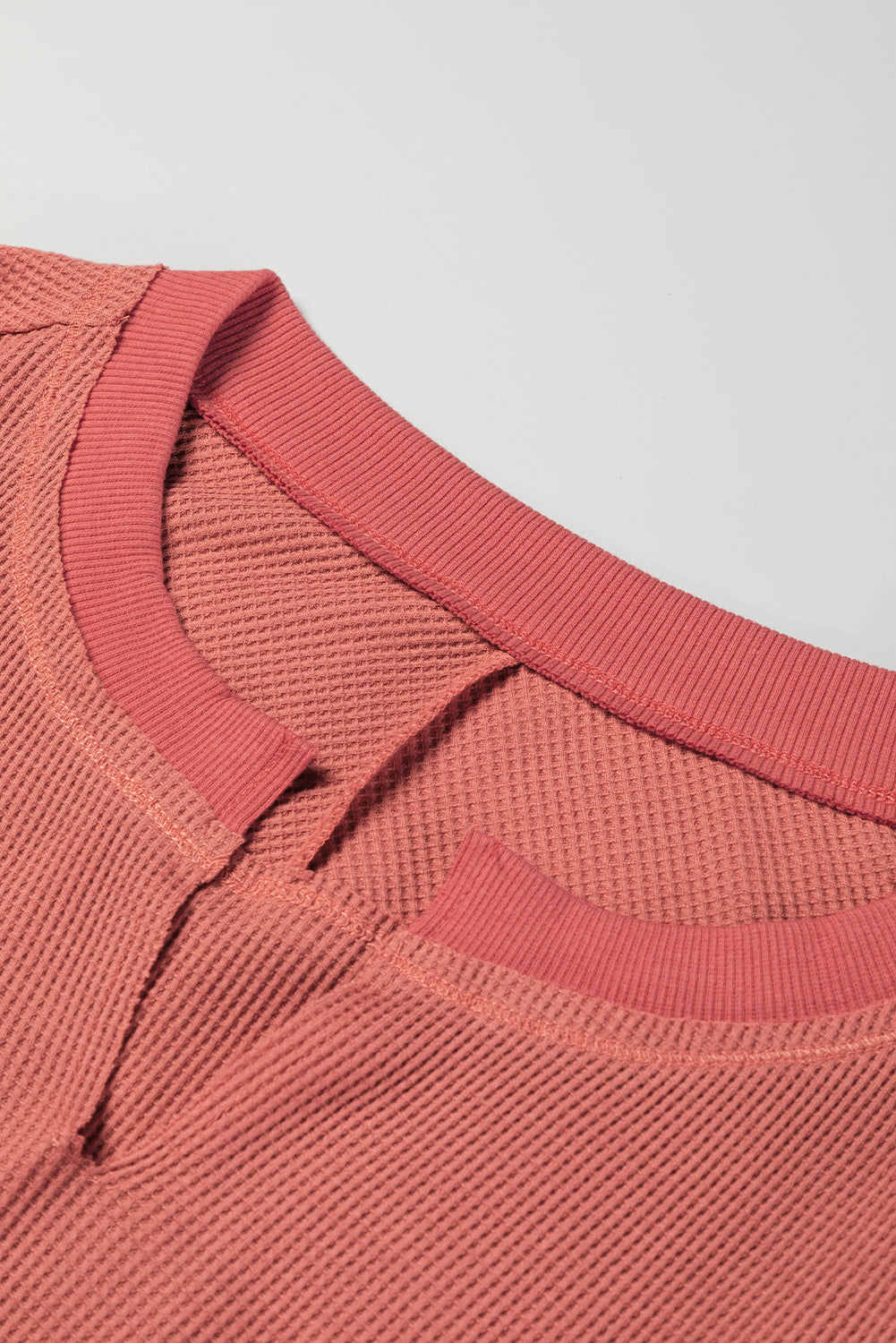 Mineral Red Exposed Seam Slit Neck Waffle Knit Patchwork Top - Final Sale