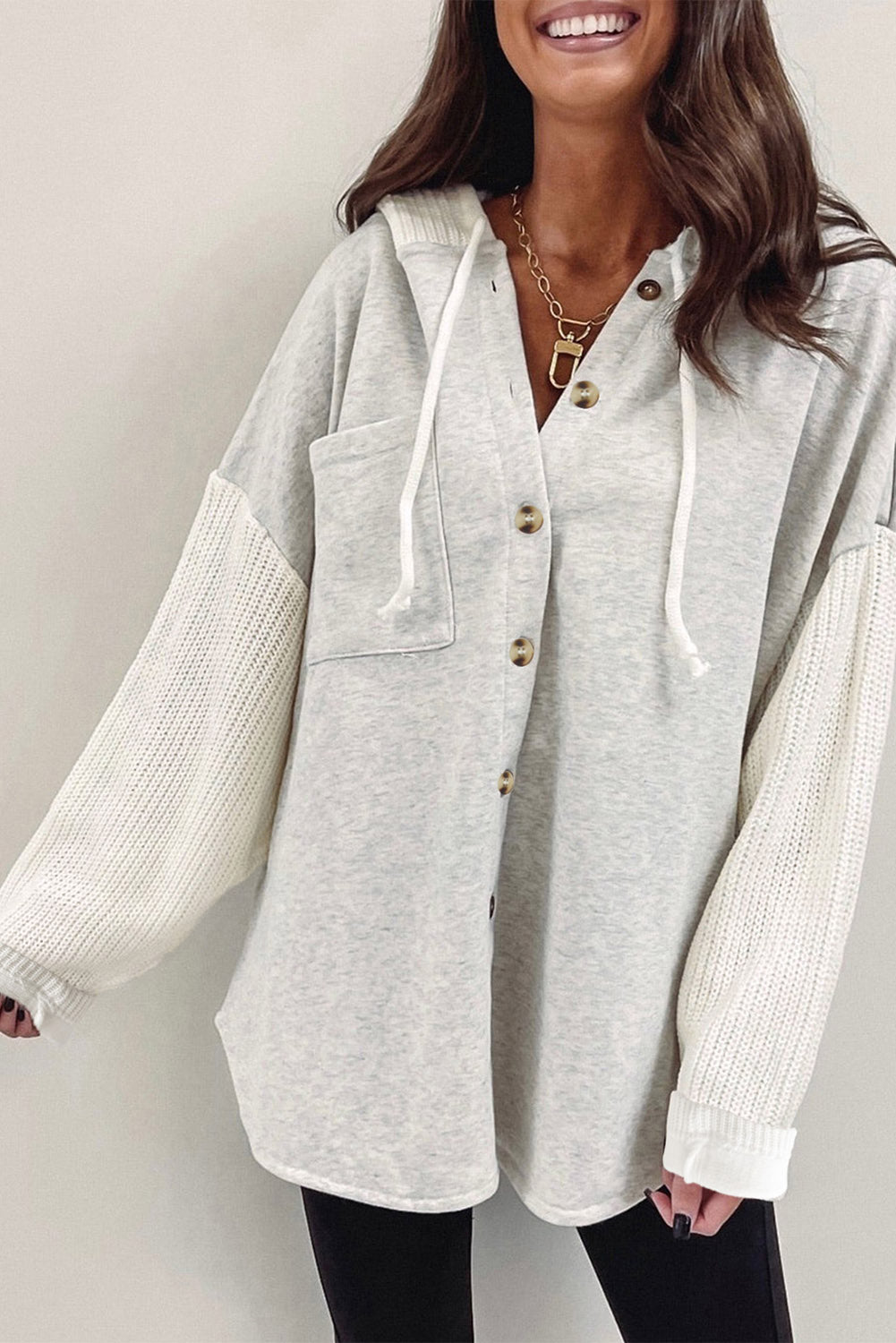 Gray Button Up Contrast Knitted Sleeves Hooded Jacket - Final Sale