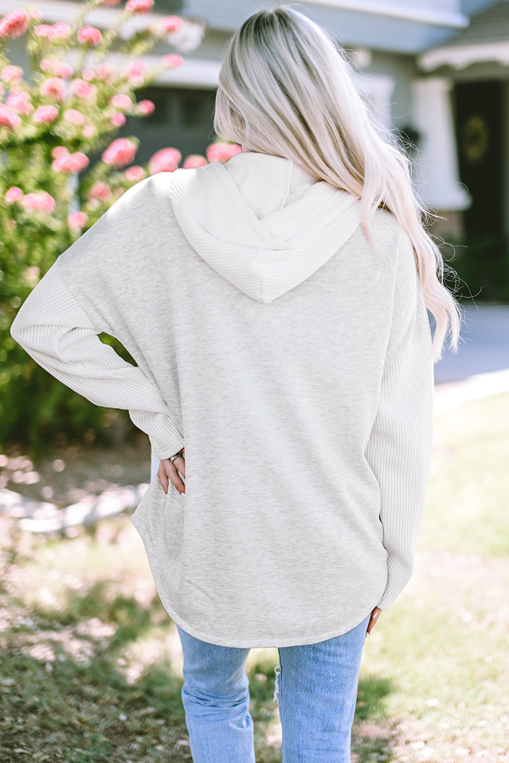 Gray Button Up Contrast Knitted Sleeves Hooded Jacket - Final Sale