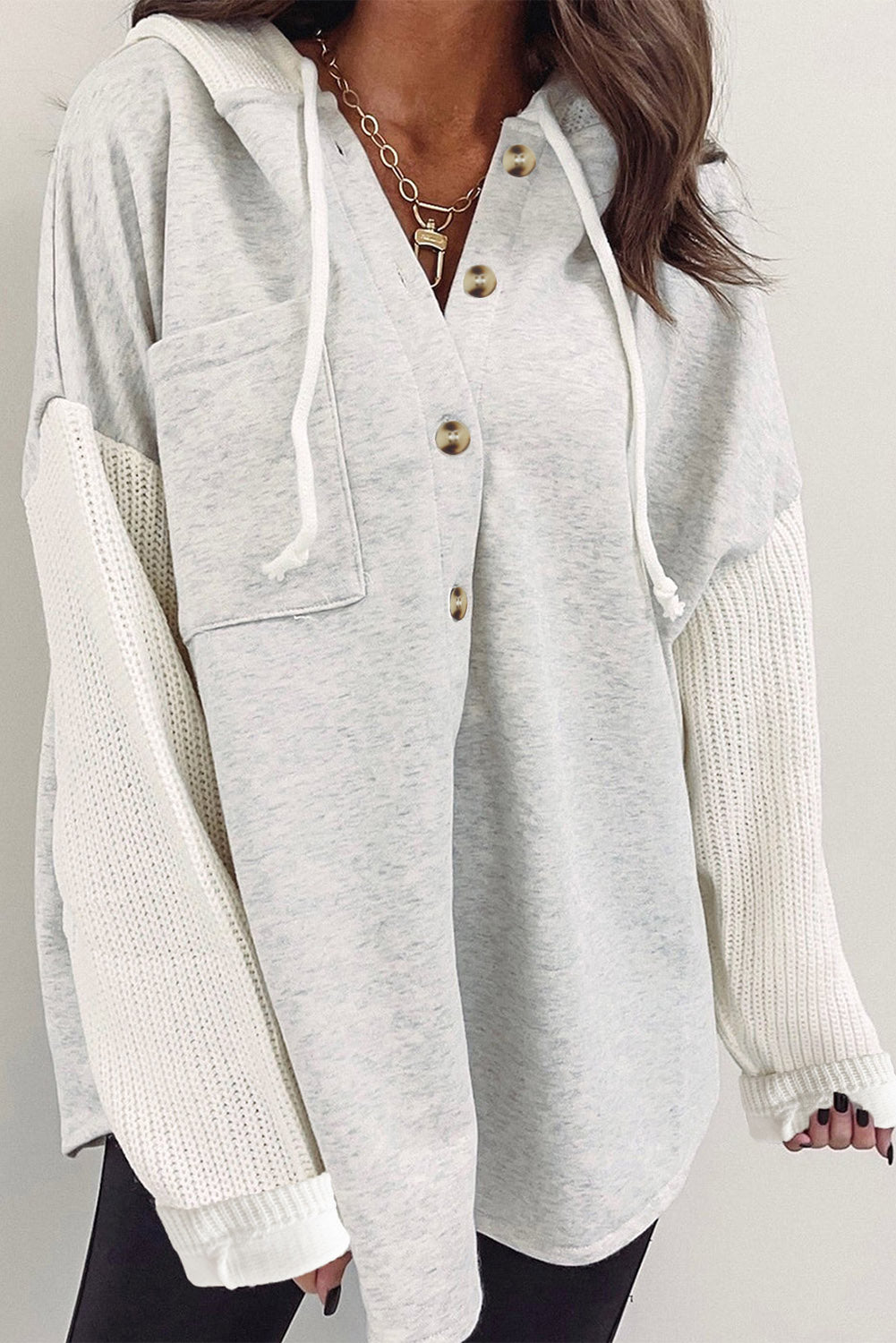 Gray Button Up Contrast Knitted Sleeves Hooded Jacket - Final Sale