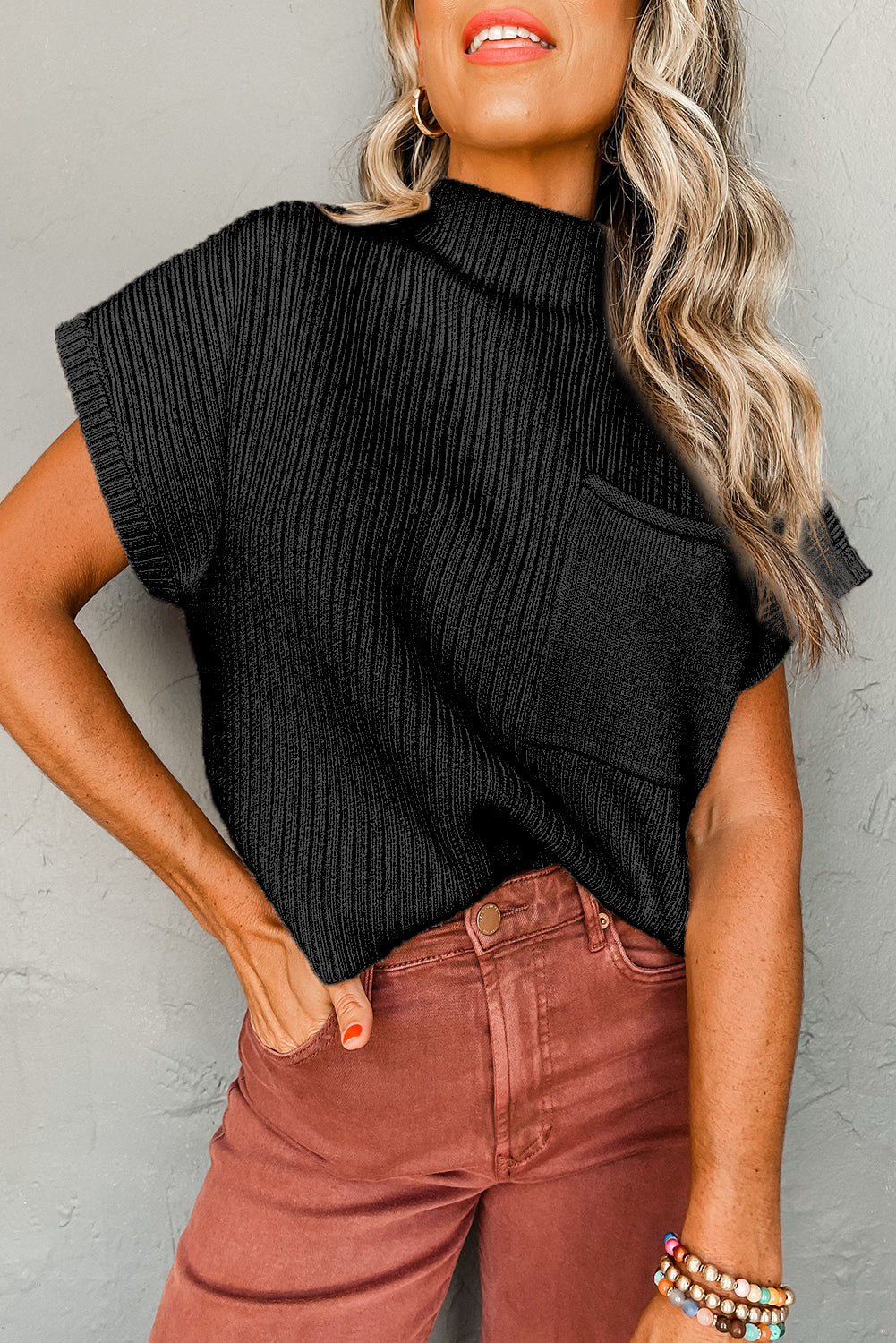 Black Patch Pocket Ribbed Knit Short Sleeve Sweater - Final Sale