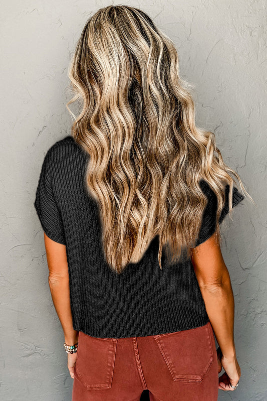 Black Patch Pocket Ribbed Knit Short Sleeve Sweater - Final Sale