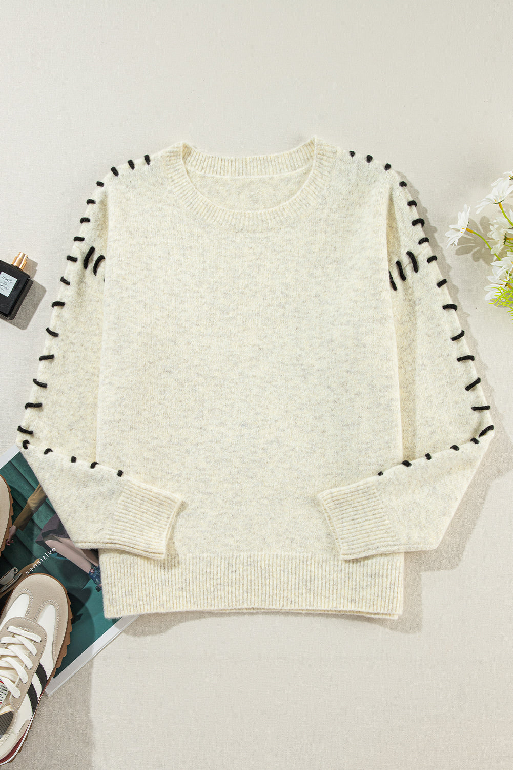 White Contrast Stitch Detail Ribbed Trim Sweater - Final Sale