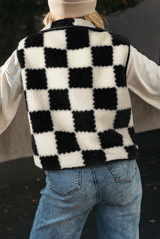 Black Checkered Sherpa Collared Jacket Vest - Final Sale