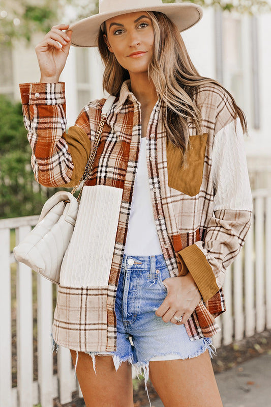 Orange Plaid Color Block Patchwork Shirt Jacket with Pocket - Final Sale