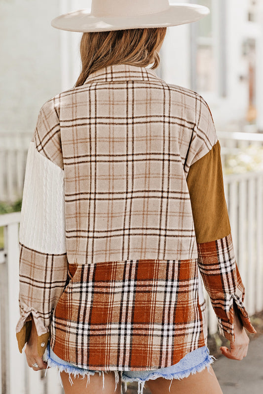 Orange Plaid Color Block Patchwork Shirt Jacket with Pocket - Final Sale