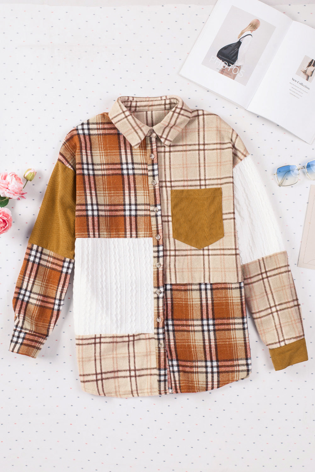 Orange Plaid Color Block Patchwork Shirt Jacket with Pocket - Final Sale