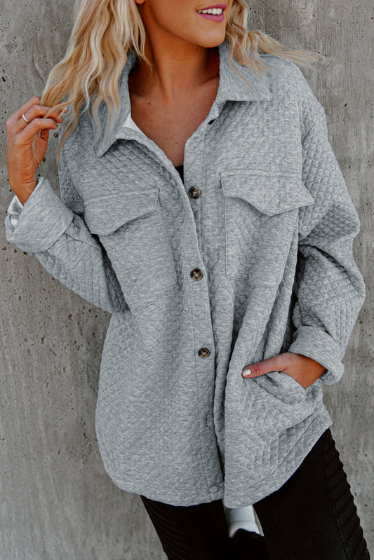 Gray Retro Quilted Flap Pocket Button Shacket - Final Sale