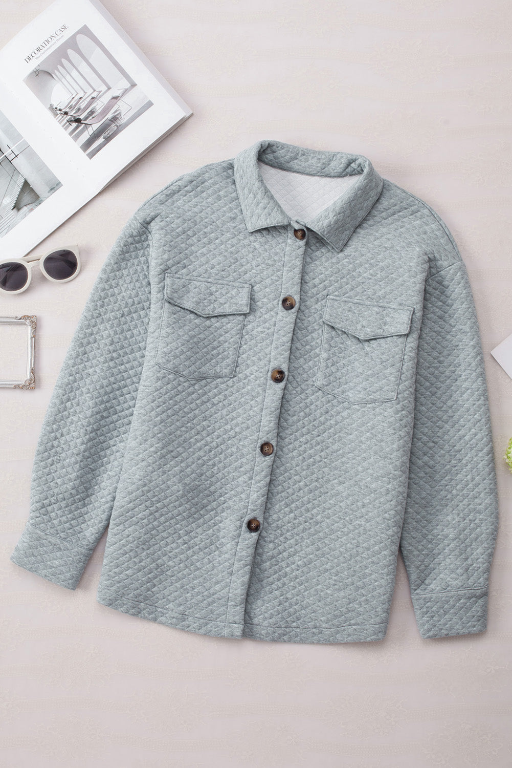 Gray Retro Quilted Flap Pocket Button Shacket - Final Sale