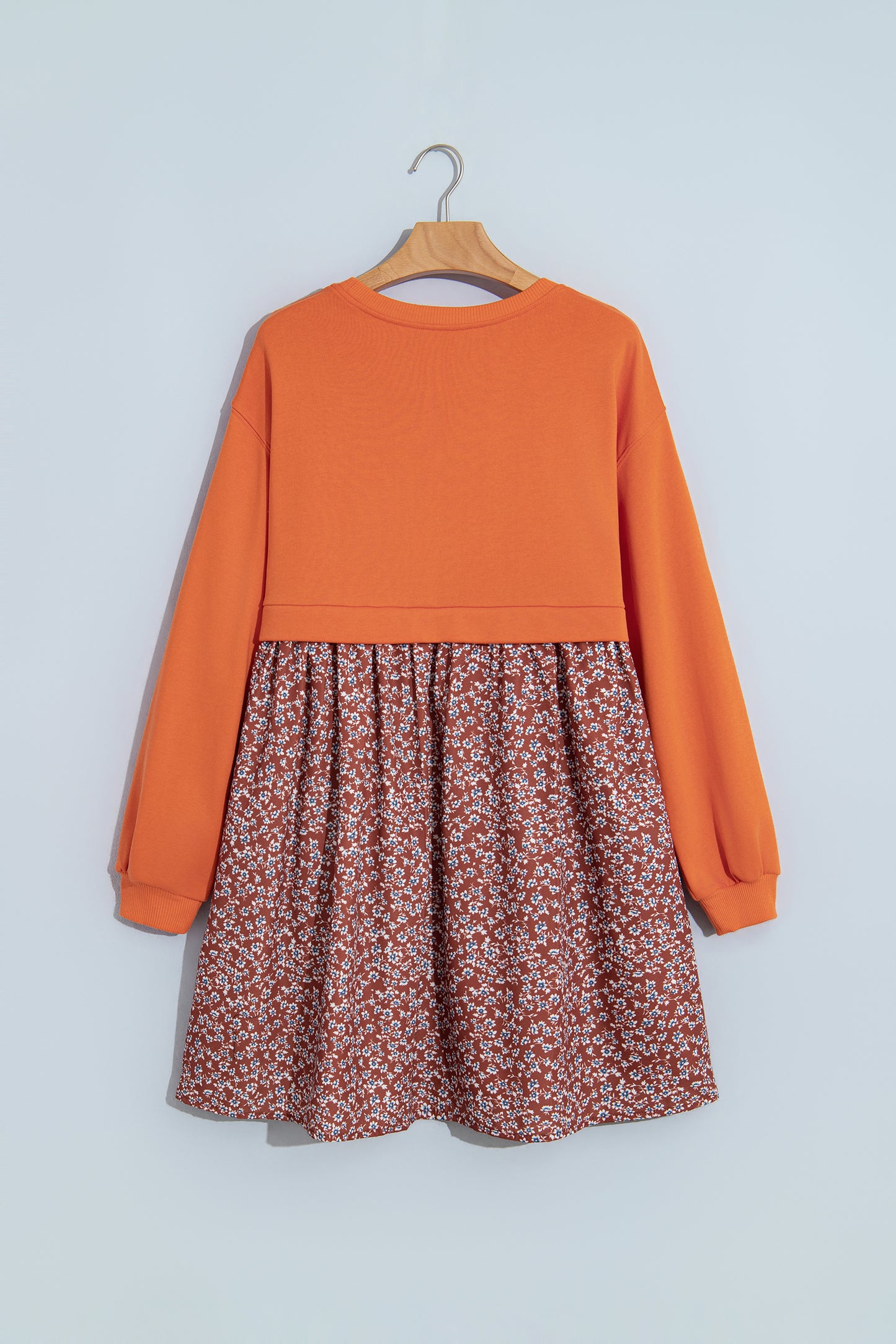 Orange Solid Long Sleeve Top Patchwork Floral Flared 2-in-1 Mini Dress