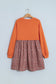 Orange Solid Long Sleeve Top Patchwork Floral Flared 2-in-1 Mini Dress