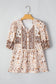 Khaki Boho Floral Print Half Placket Short Sleeve Loose Blouse