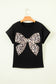 Pink Leopard Bow Embroidered Cotton Round Neck T Shirt