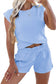 Mint Green Solid Short Sleeve Elastic Waist Pocket Casual Two Piece Short Set
