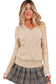 Smoke Gray Pearl Beaded Pointelle Knit V Neck Lace Patchwork Sleeve Sweater