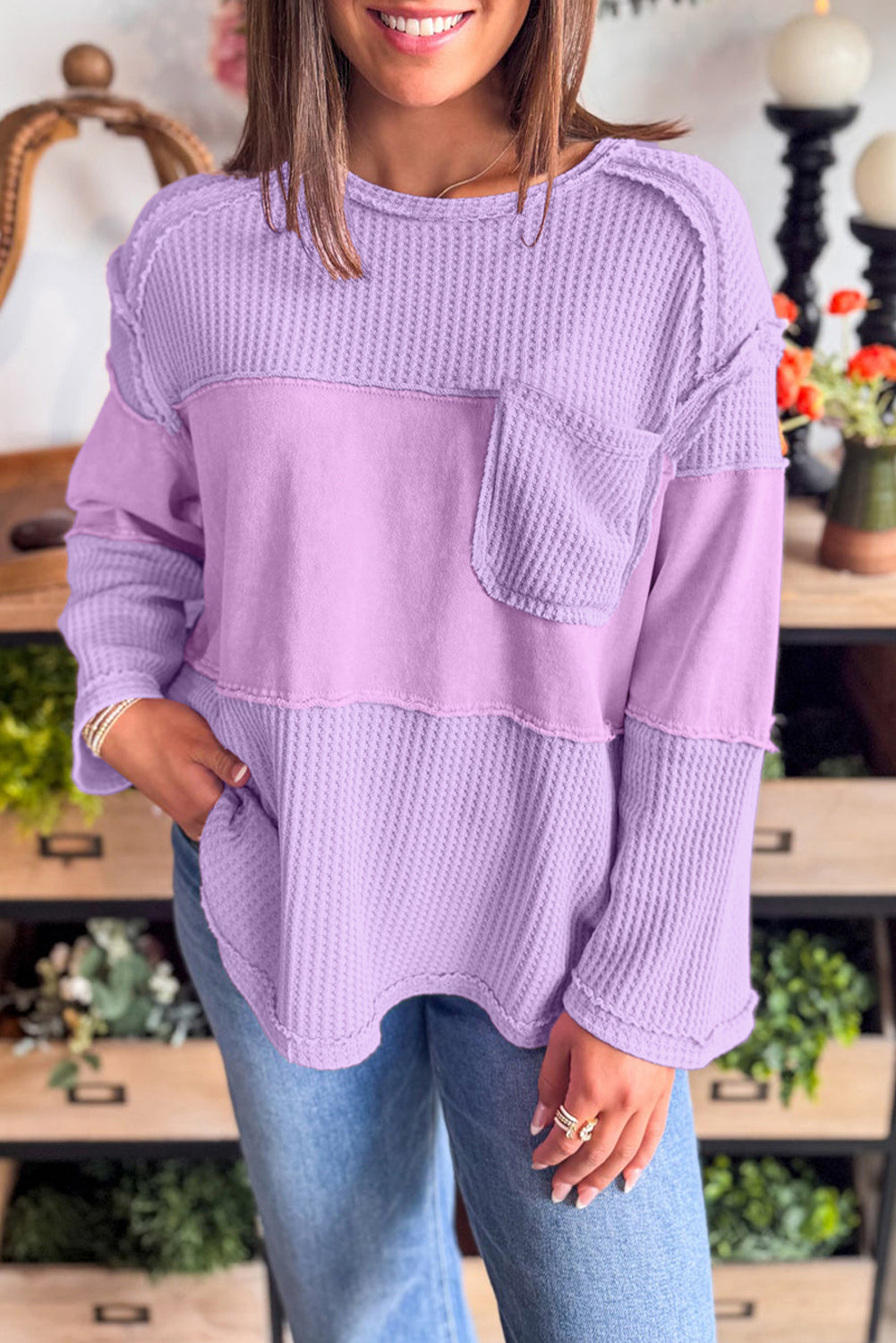 Phalaenopsis Thermal Knit Contrast Textured Patchwork Long Sleeve Top