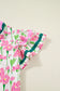 Pink Floral Print Contrast Trim V Neck Double Ruffled Short Sleeve Blouse