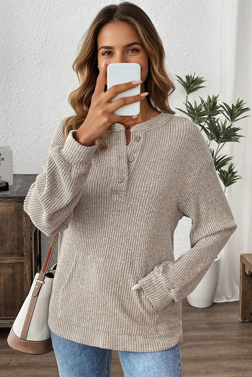 Clearly Aqua Ribbed Texture Drop Shoulder Henley Knit Top
