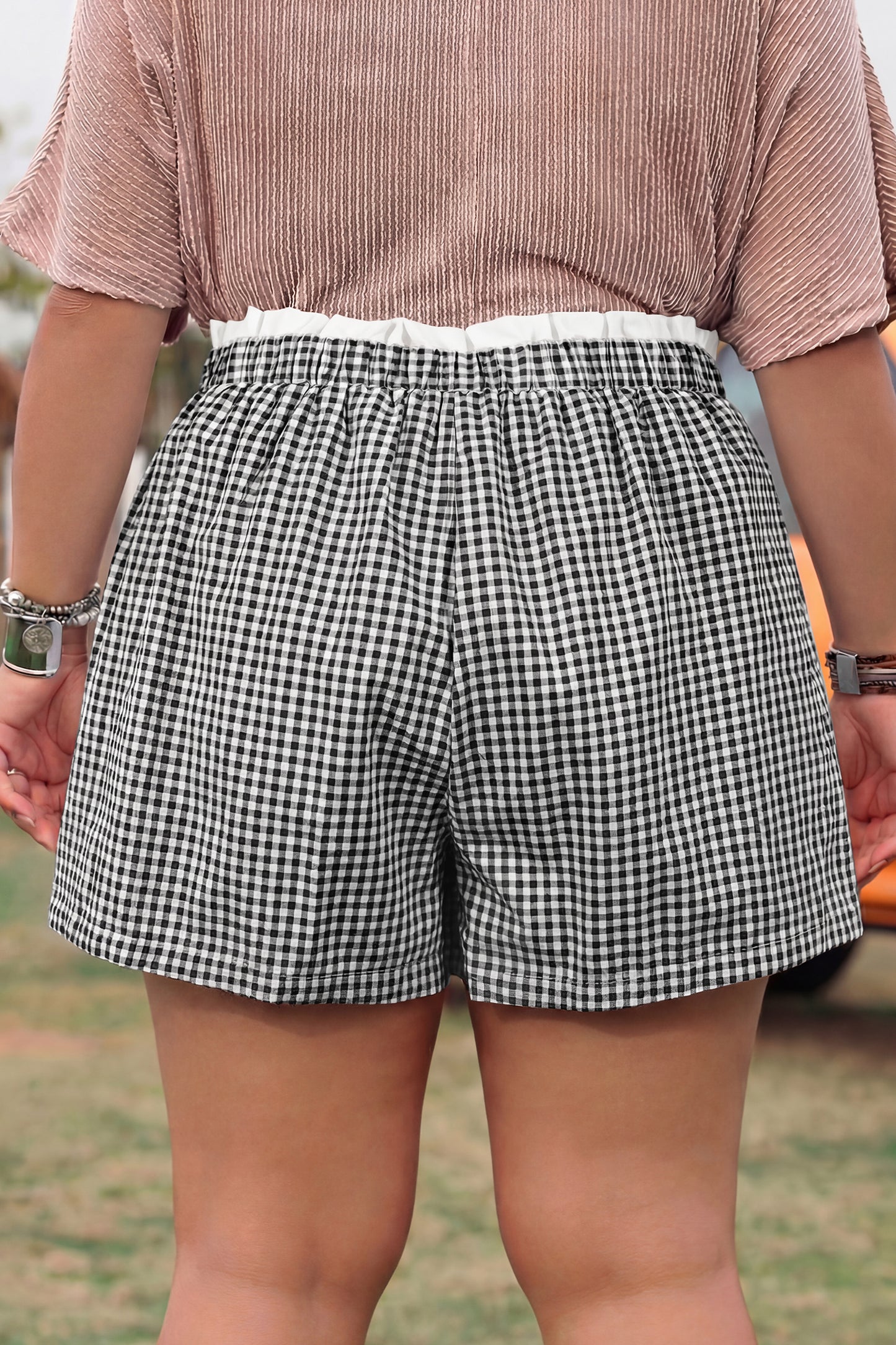 Sky Blue Contrast Trim Plaid Print Plus Size Shorts