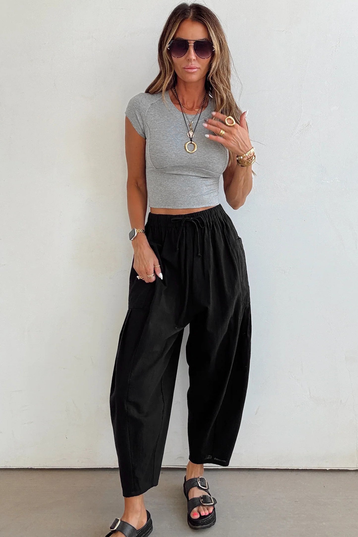 Jungle Green Drawstring Elastic Waist Patch Pocket Barrel Leg Casual Pants