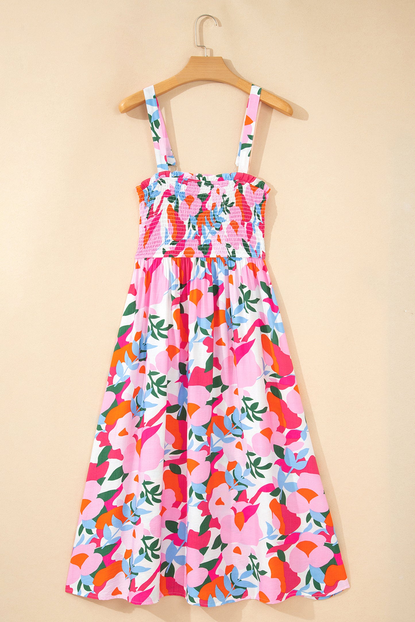 Pink Floral Print Adjustable Straps Smocked High Waist Sundress