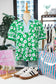 Green Flower Printed Contrast Patchwork Collar Short Sleeve Blouse