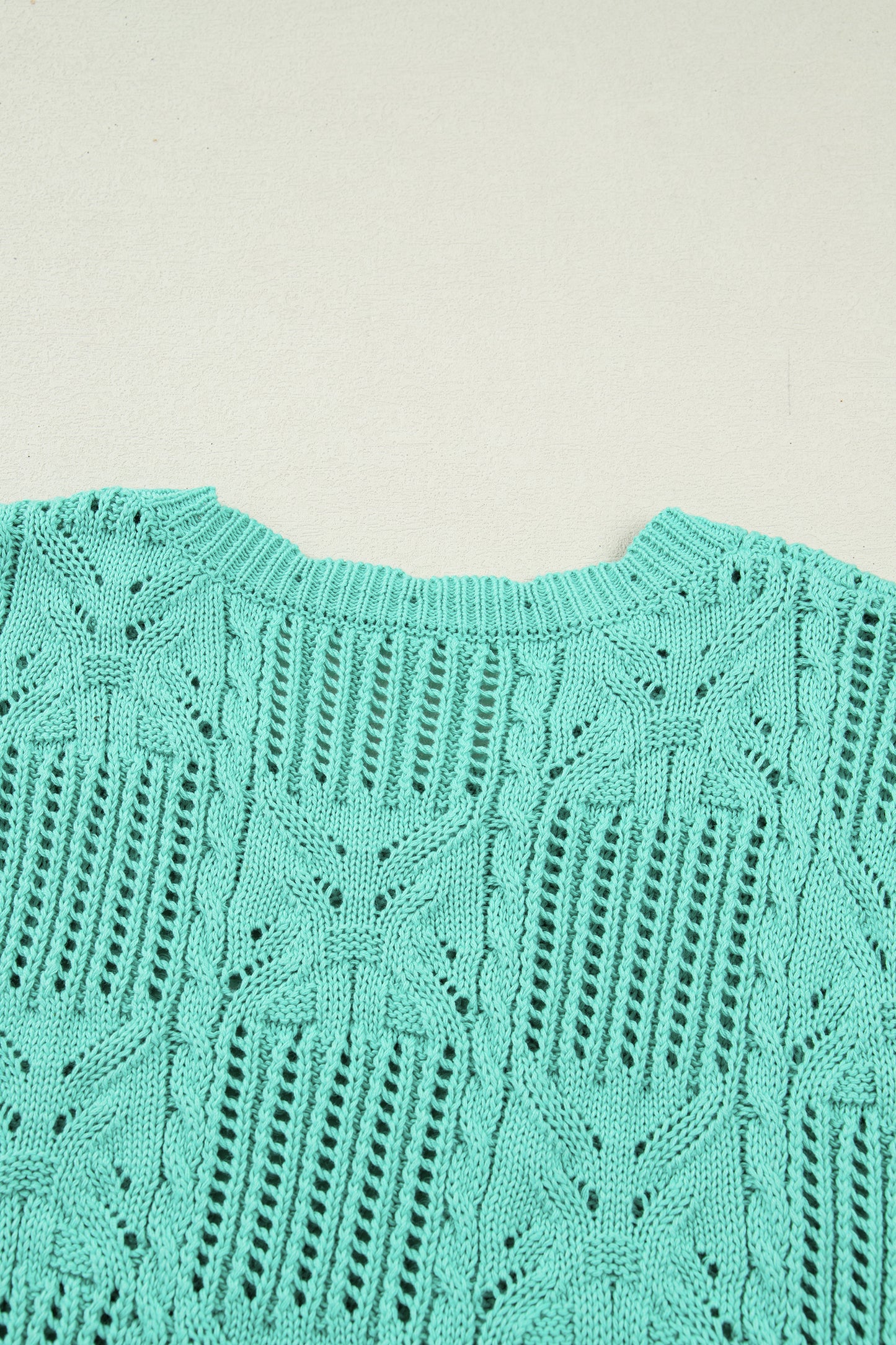 Beau Blue Pointelle Knit Patterned Scalloped Trim Short Sleeve Sweater