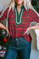 Red Plaid Print Contrast Trim V Neck Short Sleeve Blouse