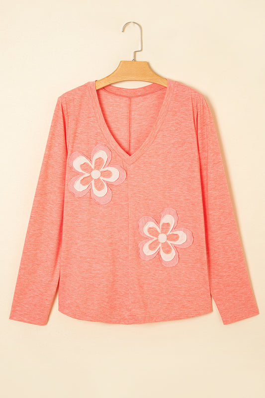 Fresh Salmon Floral Patchwork V Neck Long Sleeve T Shirt