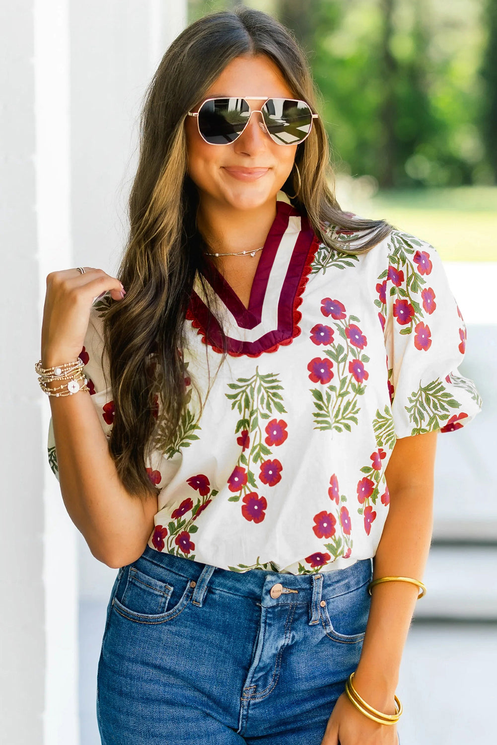 Black Floral Short Bubble Sleeve Contrast Slit Neckline Blouse