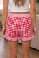Red Gingham Print Ruffle Striped Detail Lace Tie Shorts