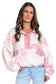 Pink Floral Quilted Half Button Pocketed Pullover Sweatshirt