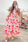 Red Floral Print Contrast Stitched Knot Denim Straps High Waist Dress