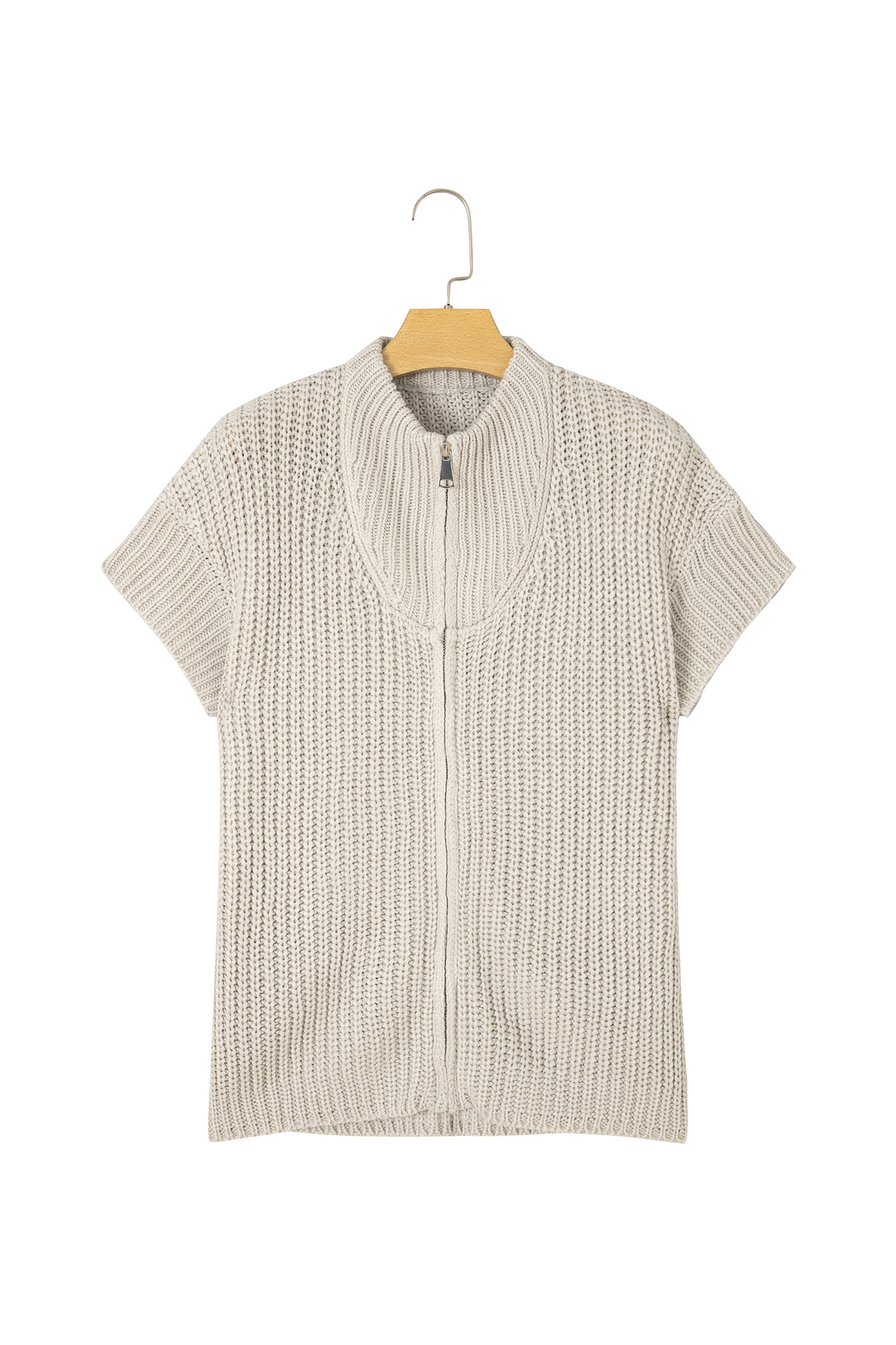 Jet Stream Solid Color Short Sleeve Zipper Knit High Neck Sweater