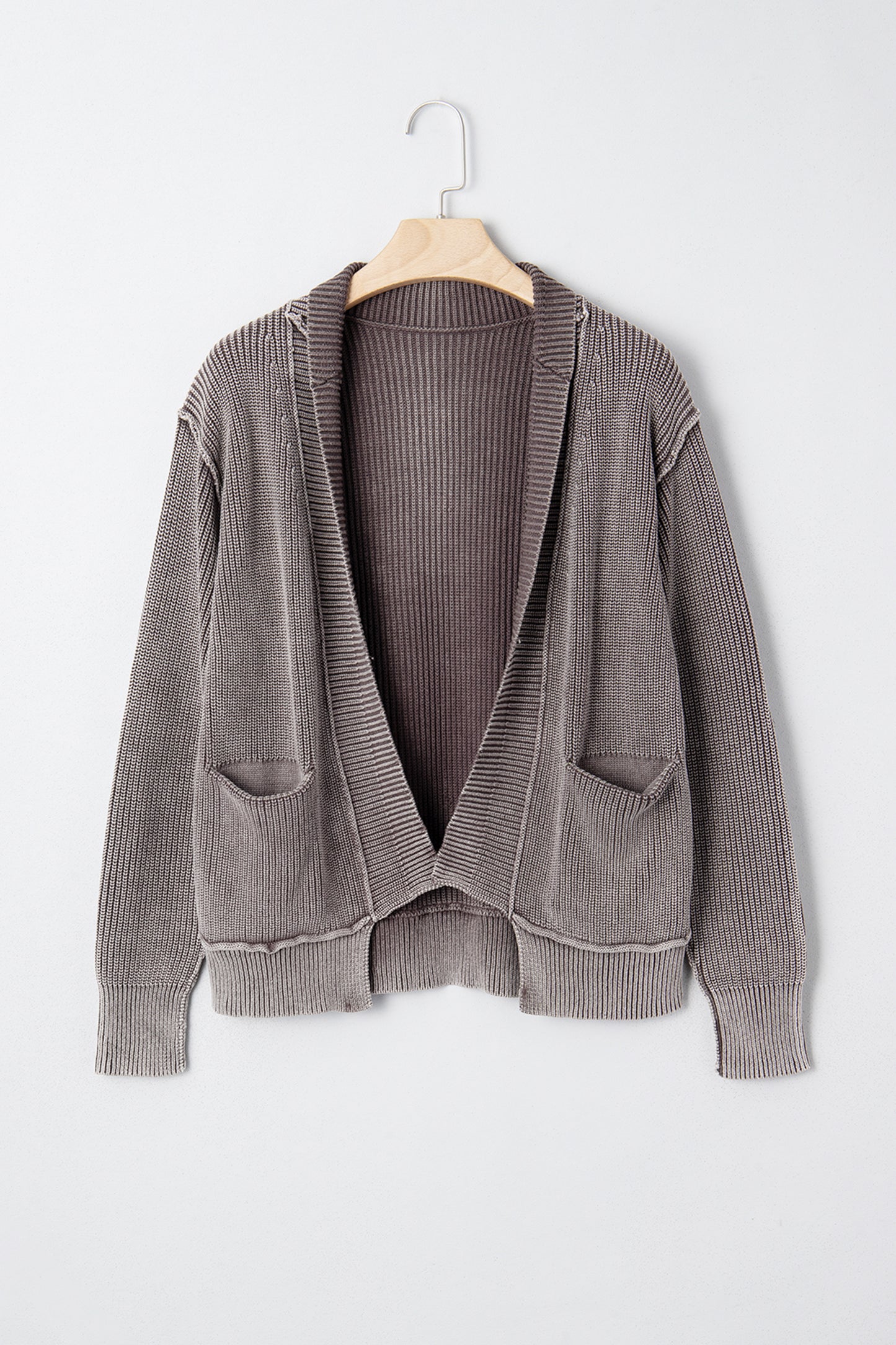 Dark Brown Mineral Wash Exposed Seam Patchwork Knit Open Sweater Cardigan