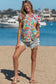Sky Blue Floral Print Split Neck Button Front Flutter Sleeve Blouse