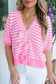 Sky Blue Stripe Short Sleeve Knit V Neck Bow Knot Sweater