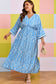 Sky Blue Plus Size Geometric Print Contrast Trim V Neck Bracelet Sleeve Long Dress