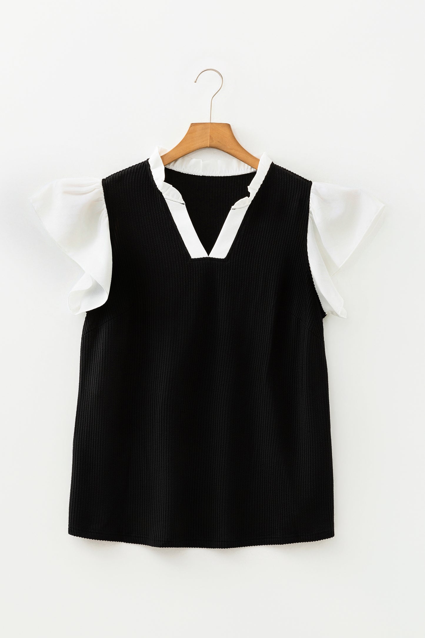 Fushia Plus Size Contrast Frilled Neckline Ruffled Short Sleeve Ribbed Textured Blouse