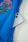 Blue Flower Embroidered Split Neck Short Puff Sleeve Ruffle Hem Dress