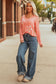Fresh Salmon Floral Patchwork V Neck Long Sleeve T Shirt