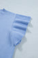 Beau Blue Solid Color Ribbed Trim Round Neck Ruffle Short Sleeve Sweater