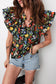 Black Tiered Flutter Sleeve V Neck Flower Blouse