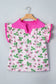 Pink Striped Strawberry Printed Color Block Patchwork V Neck Flutter Sleeve Blouse