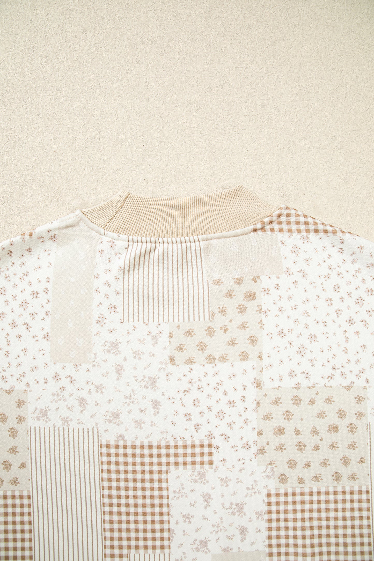 Khaki Patchwork Floral Print Mock Neck Long Sleeve Sweatshirt
