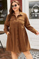 Camel Corduroy Full Buttoned Collared Shirt Style Plus Size Dress