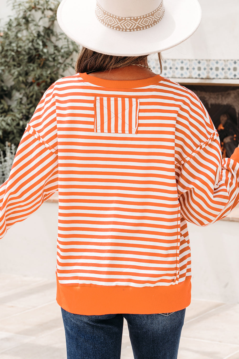 Red Stripe Exposed Seam Drop Shoulder Casual Pullover Top