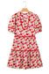 Red Floral Puff Sleeve Tiered Ric Rac Pocketed Mini Dress
